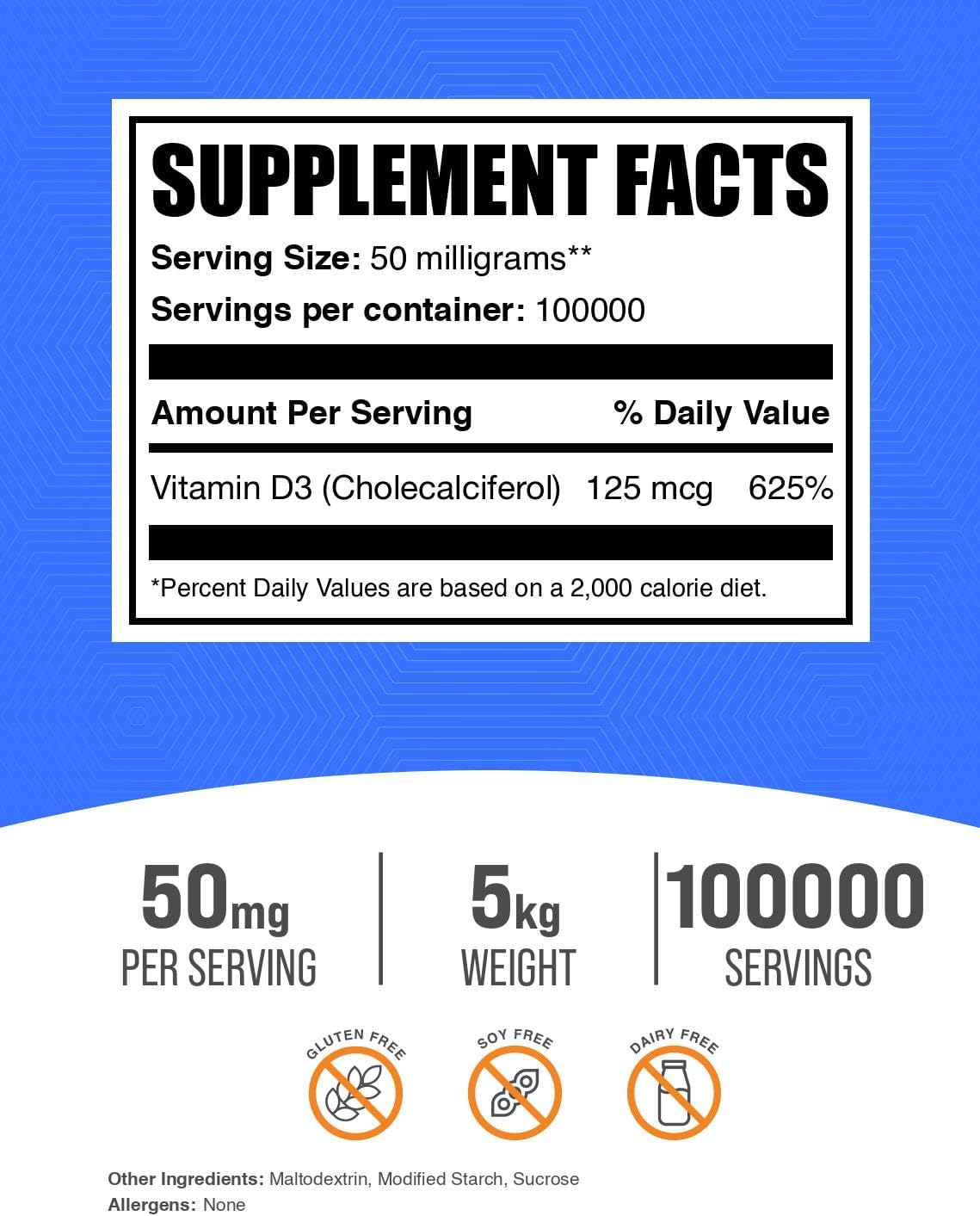 BulkSupplements Vitamina D3 en Polvo - Colecalciferol, 5000 UI por Ración, 5 kg