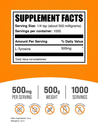 BulkSupplements L-Tyrosine en Polvo - 500 g - Sin Sabor y Sin Gluten – Image 2