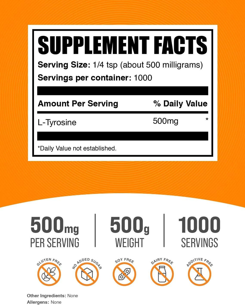 L-Tyrosine Powder, 500mg per Serving, 500g