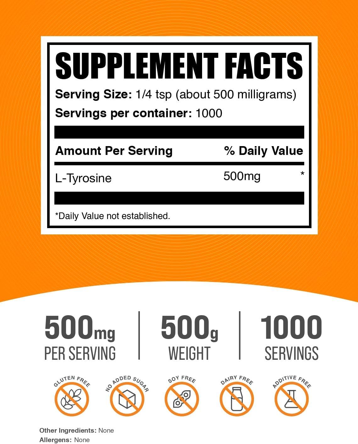 BulkSupplements L-Tirosina en Polvo - 500g (1.1 lbs) - Sin Sabor, Sin Gluten