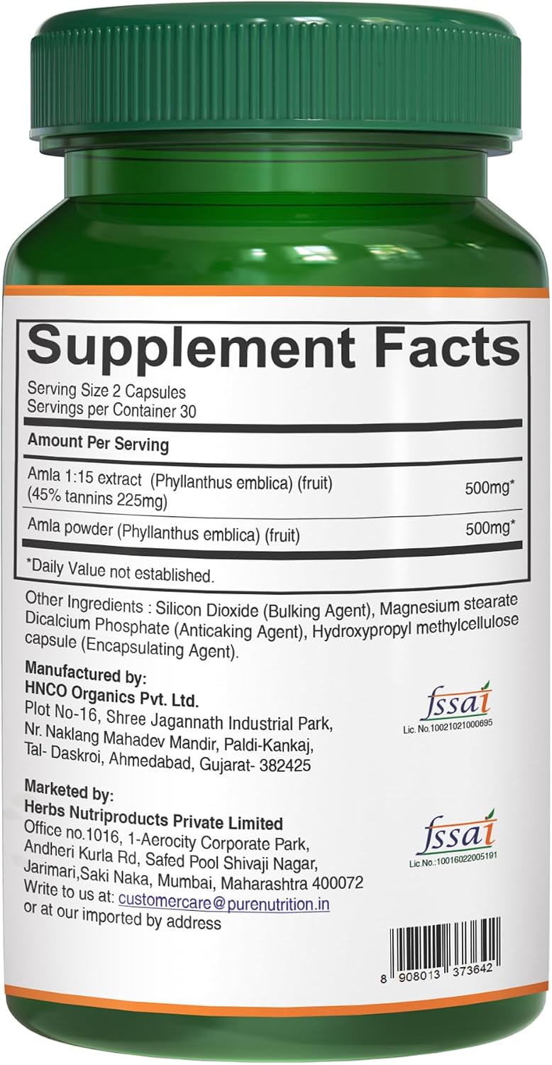 Pure Nutrition Amla Capsules (Indian Gooseberry) - 1000 mg por dosis, 60 Cápsulas Veganas