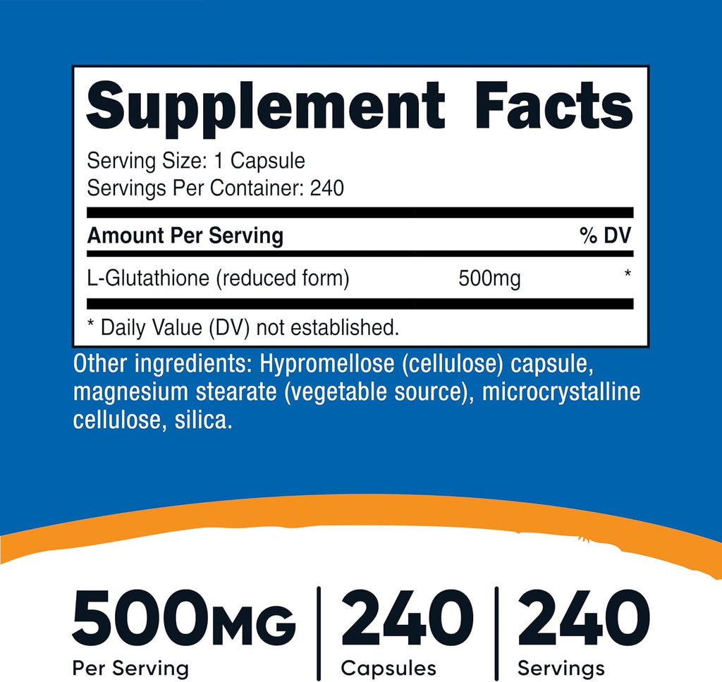 Nutricost Glutatión 500mg, 240 Cápsulas - Sin Gluten, No GMO