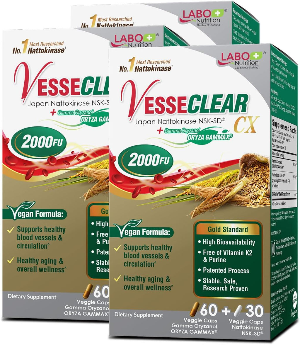 LABO Nutrition VesseCLEAR CX Nattokinase NSK-SD con Gamma Oryzanol - 90 DRcaps Veganos