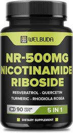 WELBUDA 5in1+ Nicotinamide Riboside Supplement with Resveratrol, Quercetin, Turmeric, Rhodiola Rosea - 90 Count for 90 Days