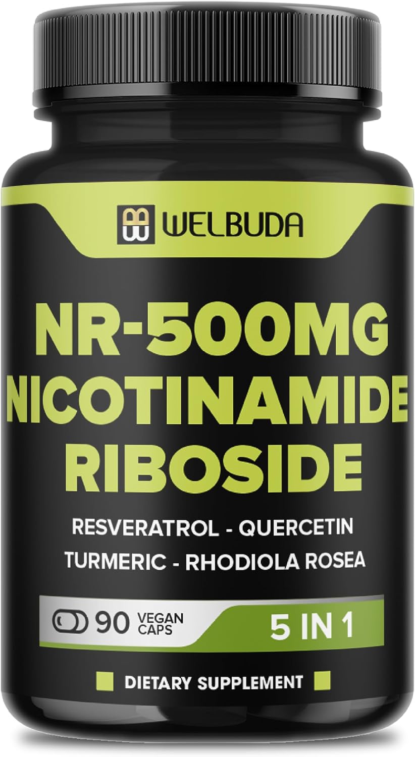 WELBUDA 5in1+ Nicotinamide Riboside Supplement with Resveratrol, Quercetin, Turmeric, Rhodiola Rosea - 90 Count for 90 Days