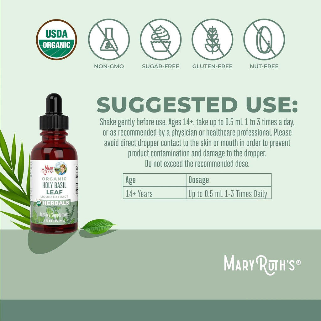 Gotas Orgánicas de Albahaca Sagrada (Holy Basil) de MaryRuth's | 590 mg | Extracto Líquido | Vegano | Sin Gluten | 30 ml