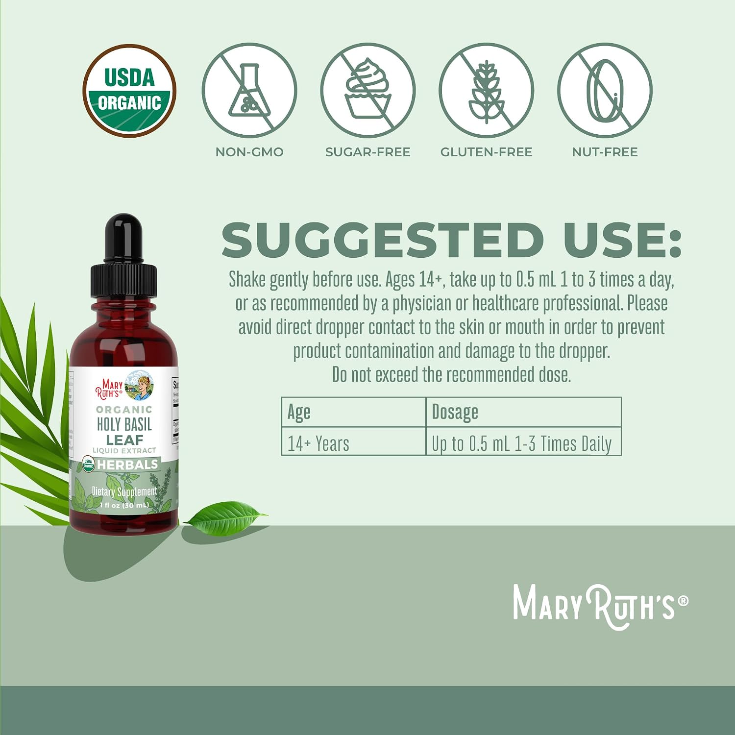 Gotas Orgánicas de Albahaca Sagrada (Holy Basil) de MaryRuth's | 590 mg | Extracto Líquido | Vegano | Sin Gluten | 30 ml