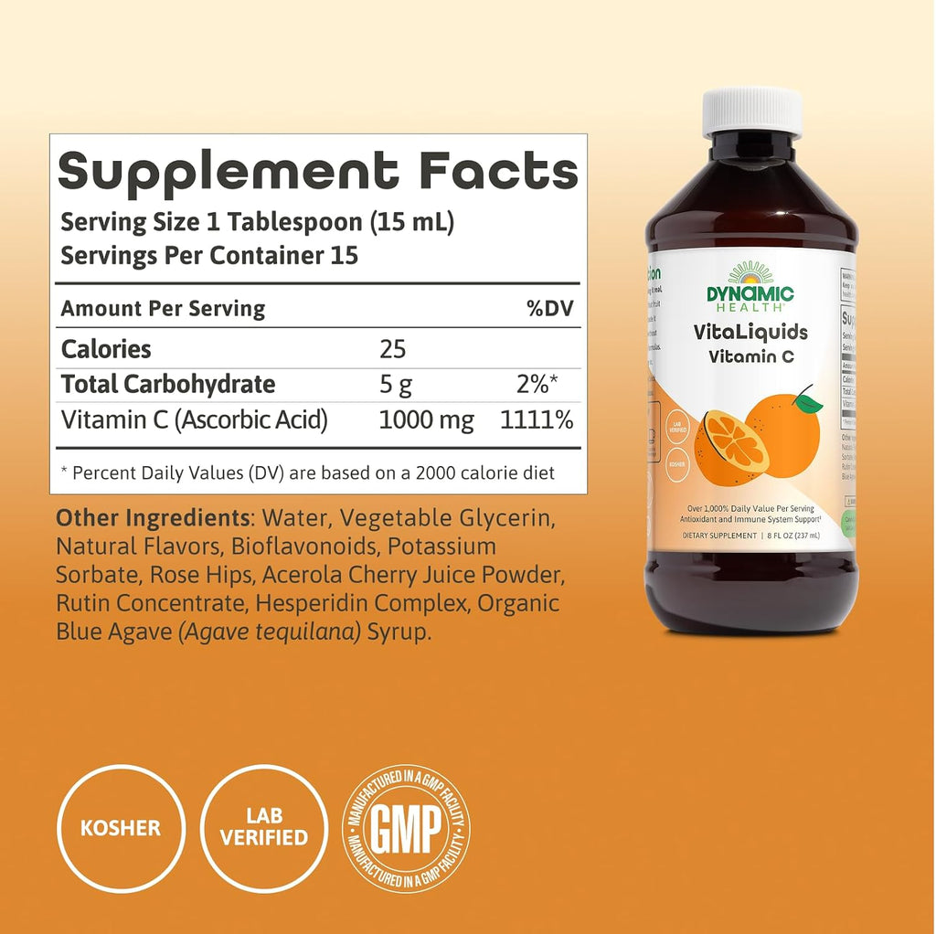 Dynamic Health VitaLiquids Vitamina C Líquida 1000 mg con Escaramujo y Bioflavonoides - 240 ml