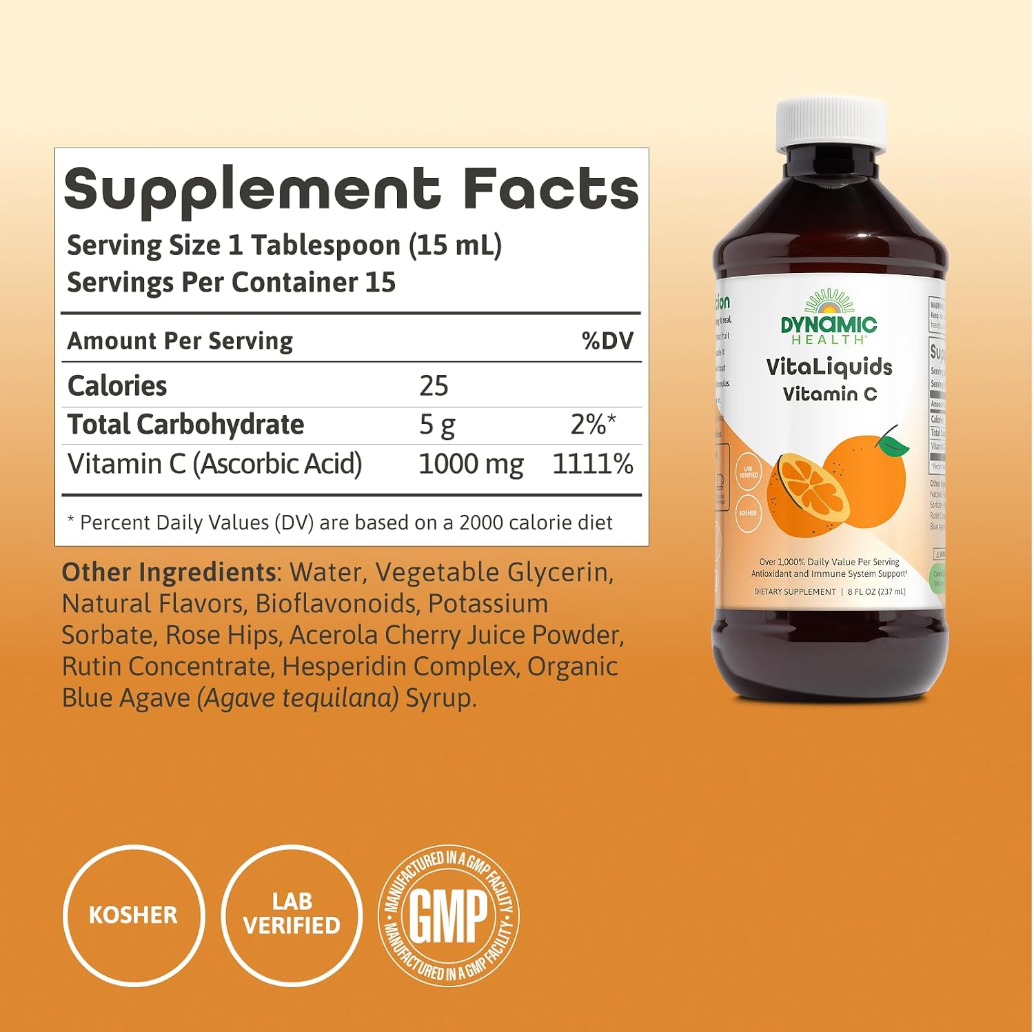 Dynamic Health VitaLiquids Vitamina C Líquida 1000 mg con Escaramujo y Bioflavonoides - 240 ml