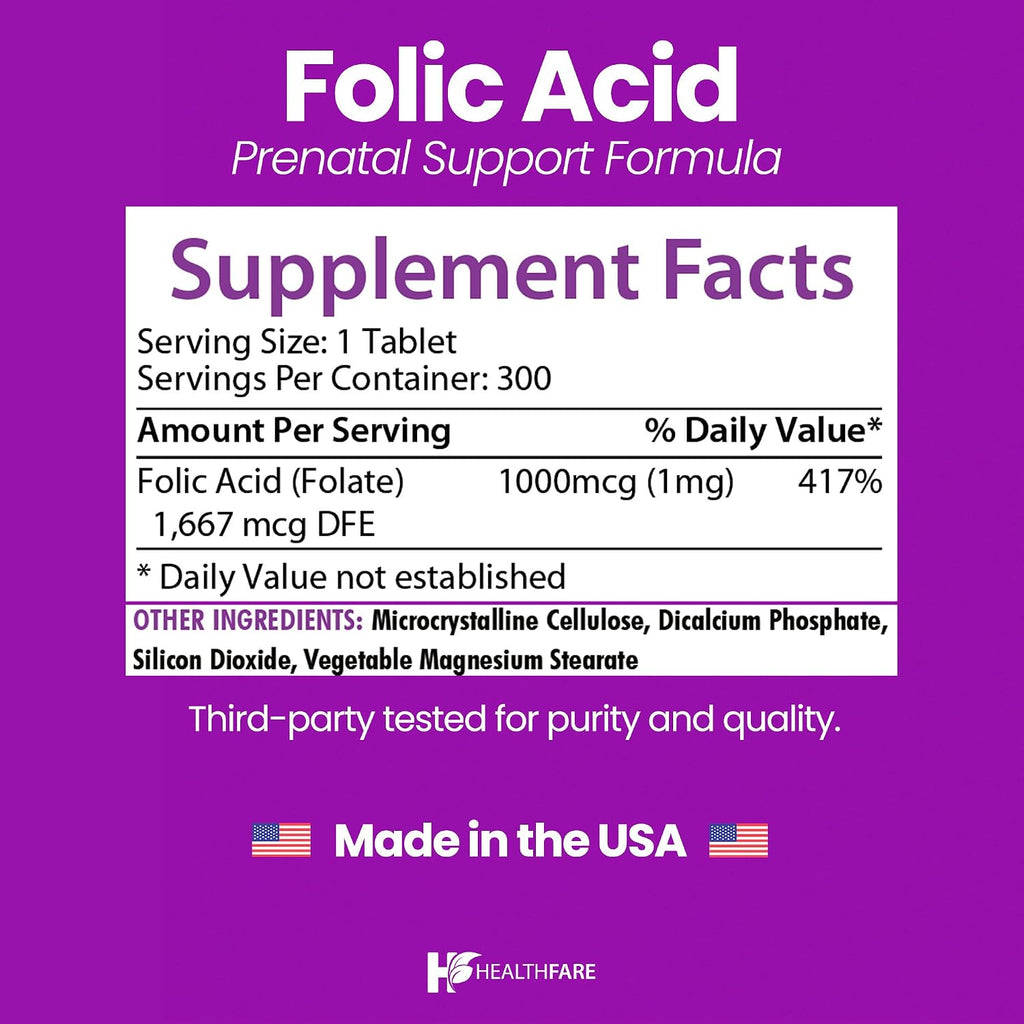 Healthfare Ácido Fólico 1000mcg | 300 Comprimidos Veganos | Vitamina B9
