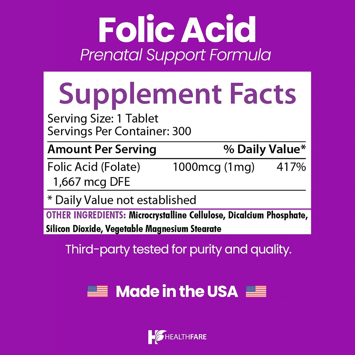 Healthfare Ácido Fólico 1000mcg | 300 Comprimidos Veganos | Vitamina B9