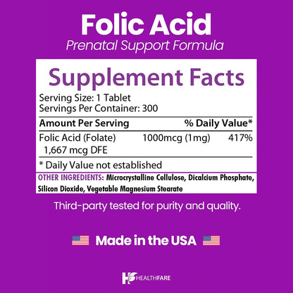 Healthfare Ácido Fólico 1000mcg | 300 – Veganos y vegetarianos, que pueden tener una ingesta limitada de folato en – Image 3