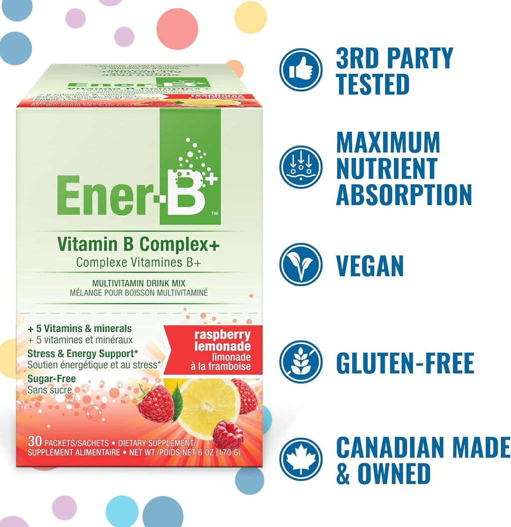 Ener-B+ Mezcla Multivitamínica Sin Azúcar para Bebida - Limonada de Frambuesa, 30 unidades