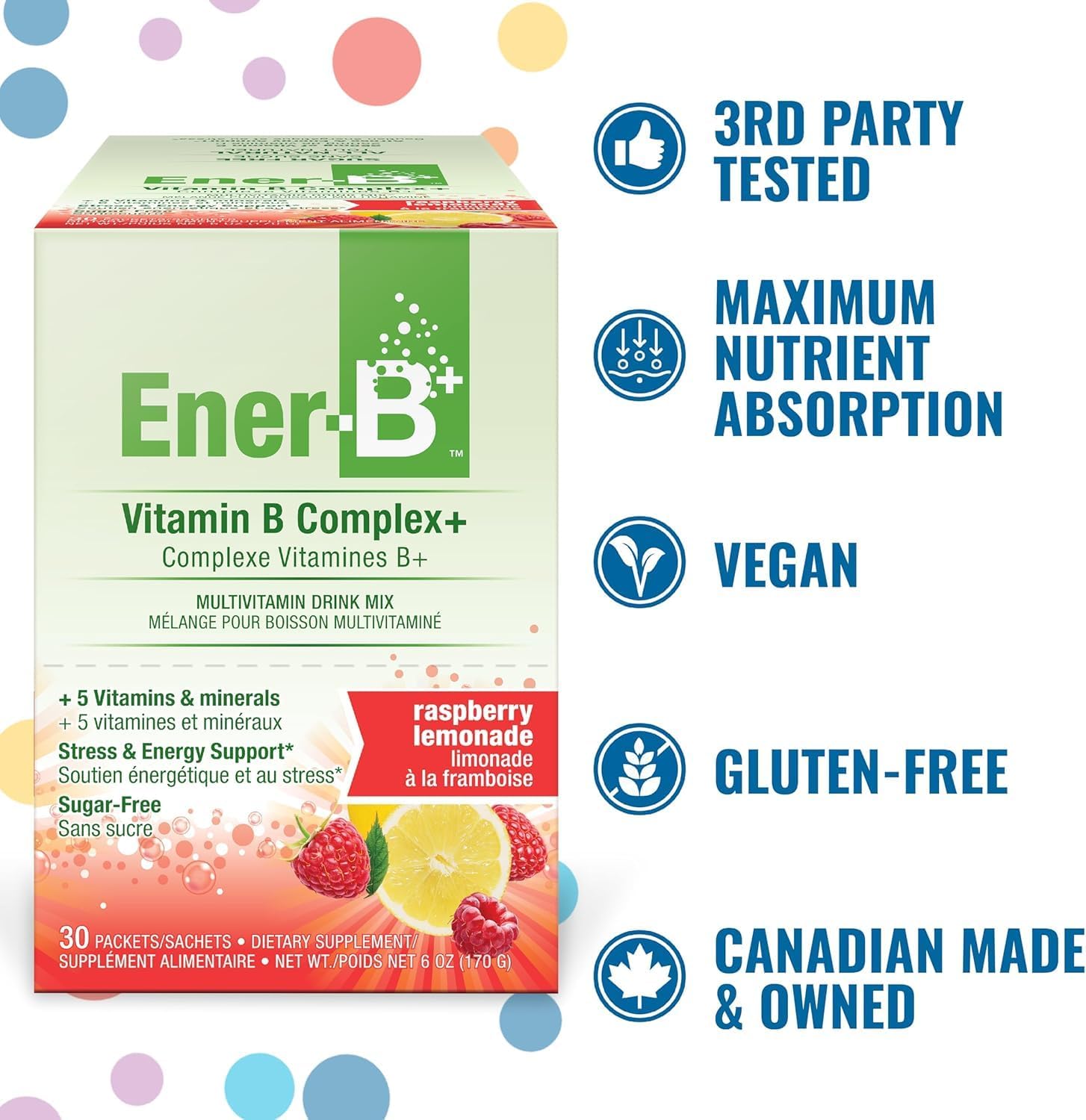 Ener-B+ Mezcla Multivitamínica Sin Azúcar para Bebida - Limonada de Frambuesa, 30 unidades