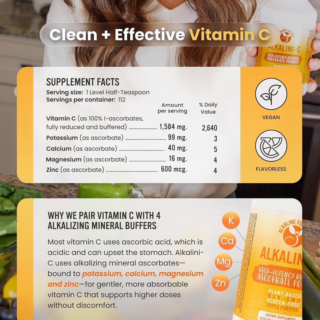 Alkalini-C Vitamina C Tamponada en Polvo - Sin Maíz, Vegano, 1,584 mg por Dosis