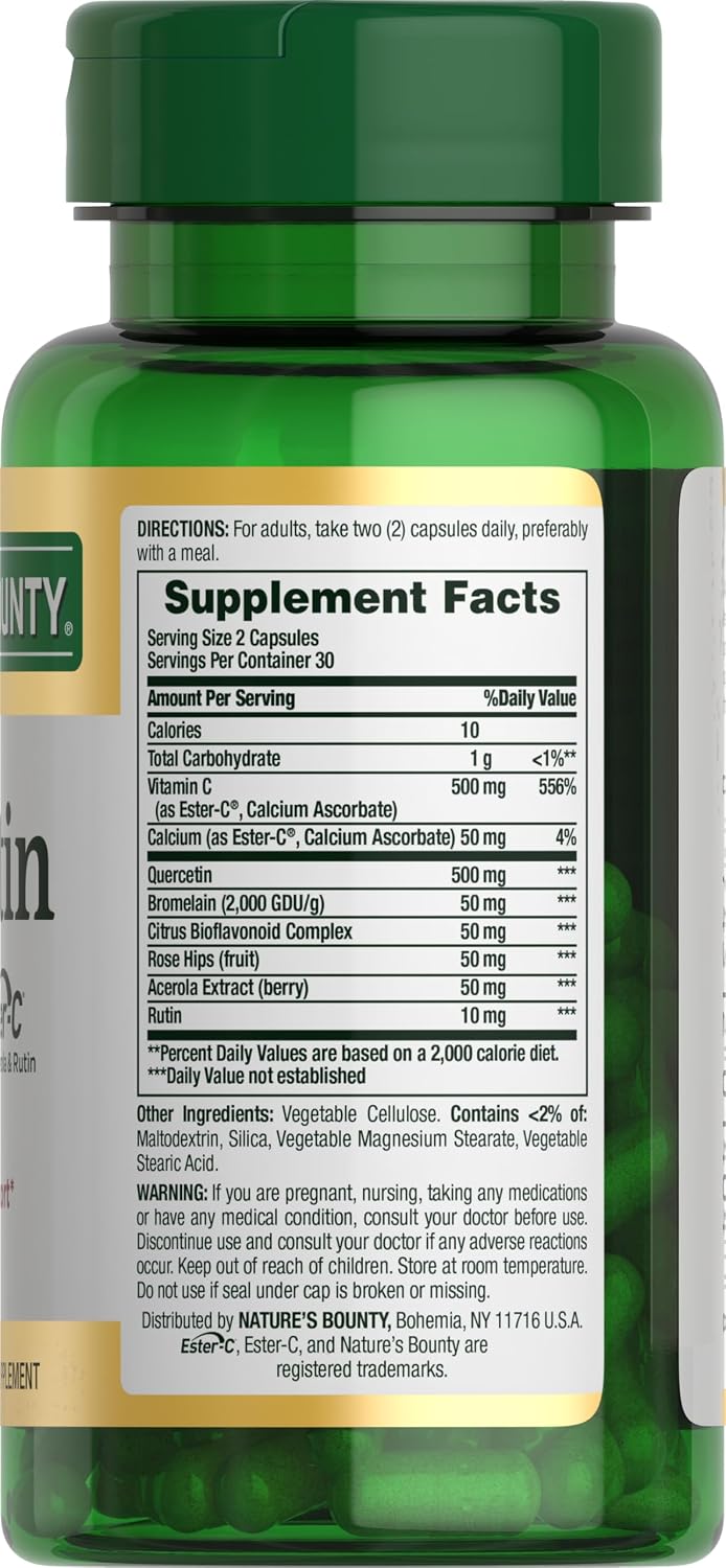 Nature's Bounty Quercetin 500 mg con Vitamina C, Escaramujo y Rutina, 60 comprimidos