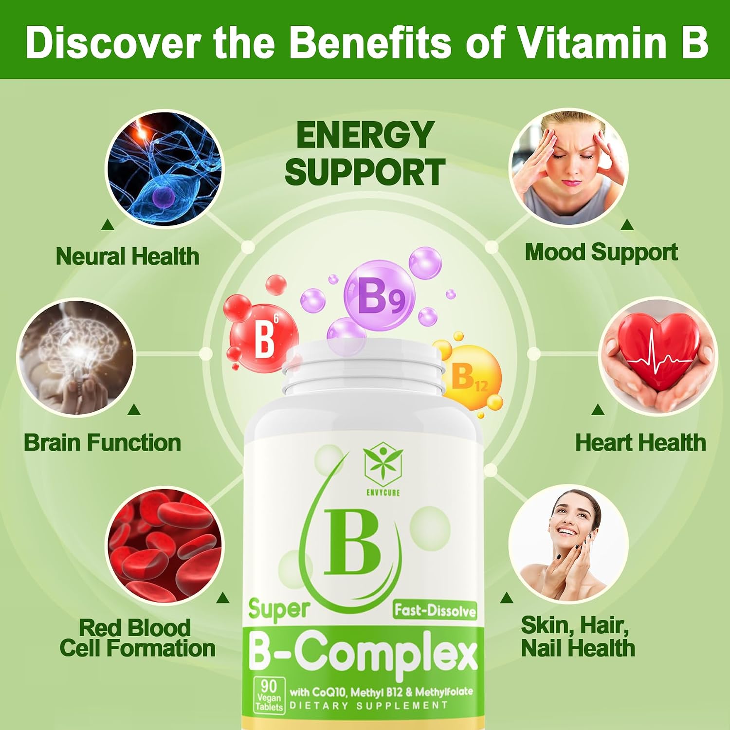Complejo B Vitaminas sin Azúcar con Metil B12, Metilfolato, B6, B1, B2, B3 - Comprimidos Sublinguales de Rápida Disolución - 180 Comprimidos Veganos