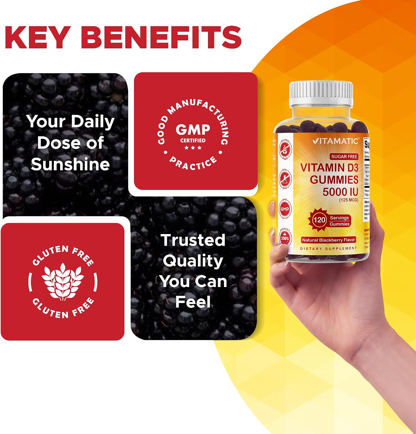 Vitamatic Vitamina D3 5000 UI sin Azúcar - 120 Gominolas - Sabor Mora - Huesos, Estado de Ánimo y Sistema Inmunitario