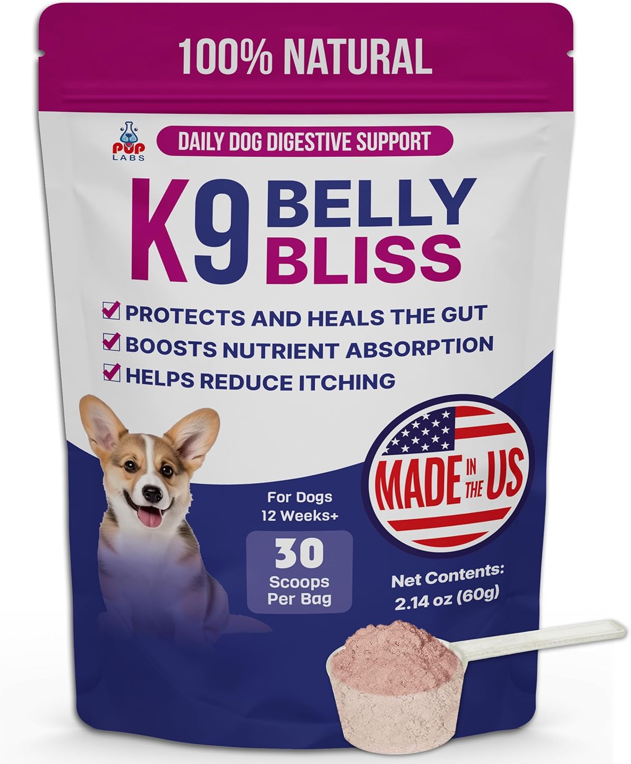 K9 Belly Bliss - Prebiótico Natural para la Salud Digestiva de Perros, 30 Dosis