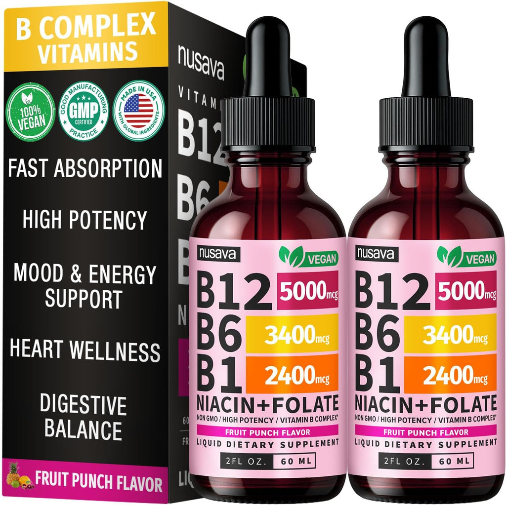 NUSAVA Complejo B Líquido con Vitamina B12, B6, B1, Niacina y Folato - Metilcobalamina 5000 mcg, Sabor Frambuesa, 80 Dosis