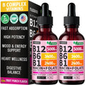 NUSAVA (Pack de 2) Gotas Líquidas de Vitamina B12 5000mcg - B12 Sublingual con B6 y Complejo B - Gotas de Metilcobalamina B12 para Mujeres y Hombres - Suplemento Vegano, No Transgénico, Sabor a Frutas (59 ml, 80 Porciones)