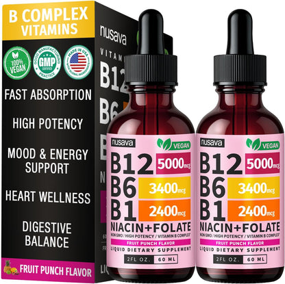 NUSAVA (Pack de 2) Gotas Líquidas de Vitamina B12 5000mcg - B12 Sublingual con B6 y Complejo B - Metilcobalamina para Mujeres y Hombres - Suplemento Vegano, No GMO, Sabor Fresa (2 Fl Oz, 80 Porciones)