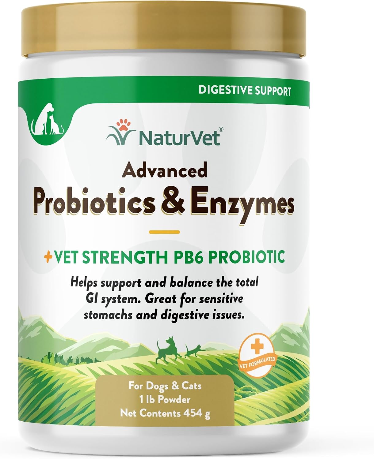 NaturVet – Probióticos y Enzimas Avanzados con Probiótico PB6 de Fuerza Veterinaria – Para Perros y Gatos (454 g)