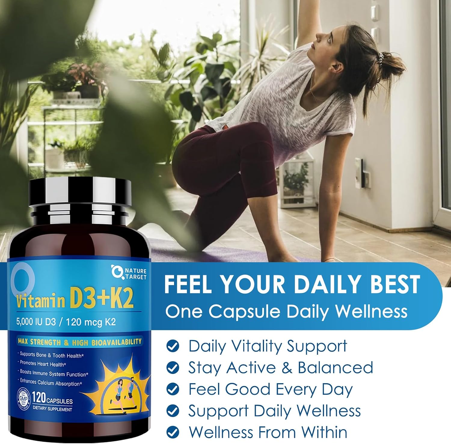 Complejo de Vitamina D3 K2 con Calcio y Magnesio - 6 en 1 - 5000 UI D3, 120 mcg K2 - 120 Cápsulas