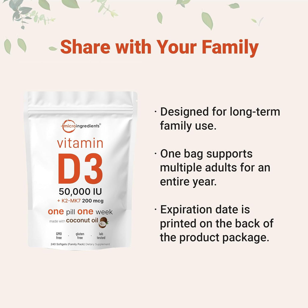 Vitamina D3 50.000 UI + K2 MK-7 200 mcg, 240 Cápsulas Blandas con Aceite de Coco Virgen