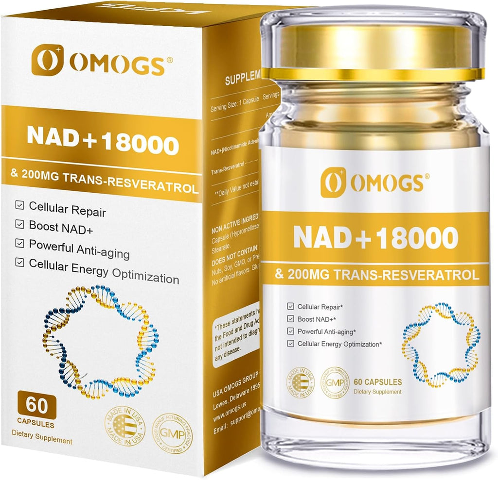 OMOGS NAD+ 300 mg + Trans-Resveratrol 200 mg, Suplemento de NAD+ Puro, Máxima Absorción, para Reparación del ADN, Envejecimiento Saludable, Energía Celular y Longevidad, 60 Cápsulas