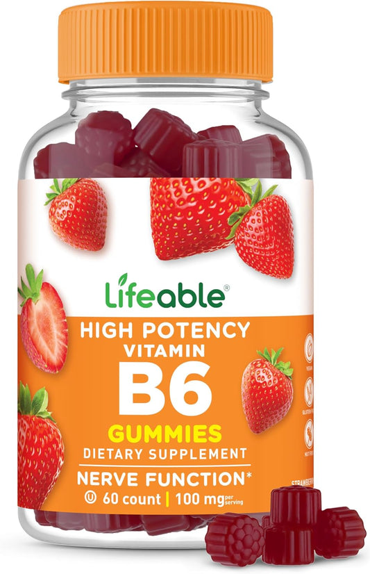 Lifeable Vitamina B6 Gominolas | 100mg | Suplemento Vegano de Vitamina B6 para el Apoyo Nervioso | 60 Gominolas