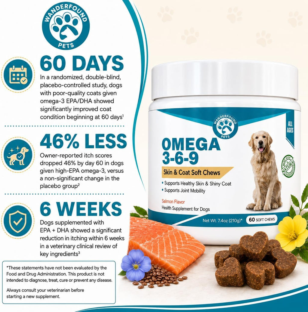 Wanderfound Pets Omega 3 para Perros - Aceite de Pescado para Piel y Pelaje, 60 Masticables