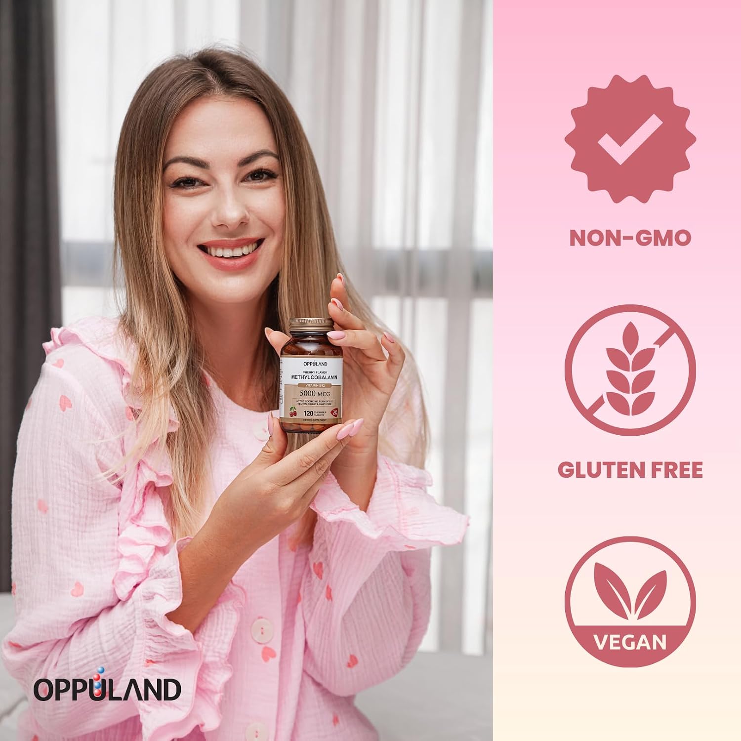 Oppuland Metilcobalamina B12 5000 mcg con Folato - Comprimidos Masticables Sabor Cereza - 120 Unidades