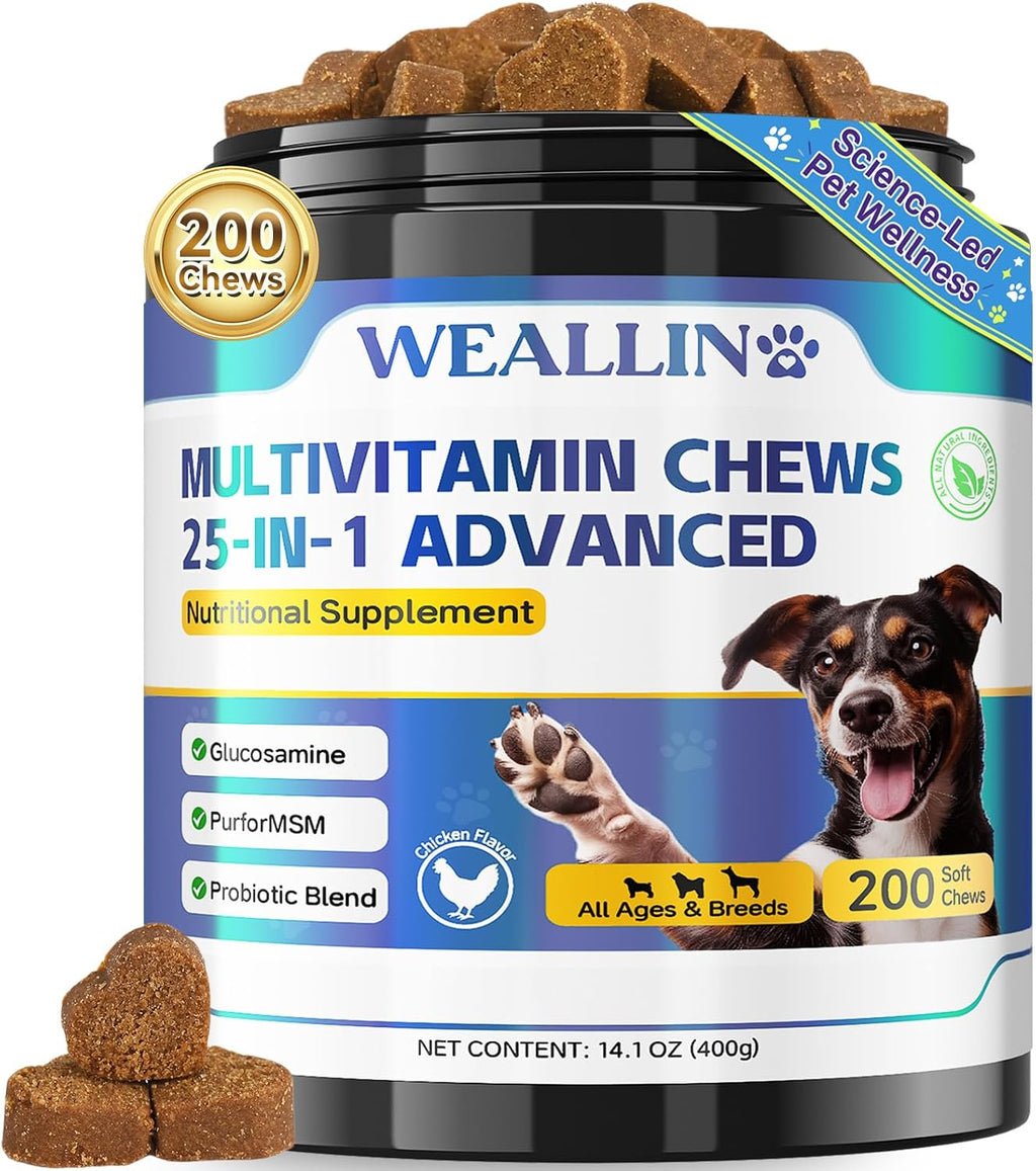 Multivitamínico para Perros 25 en 1 con Glucosamina, Probióticos y Omega-3 – 200 Comprimidos Masticables