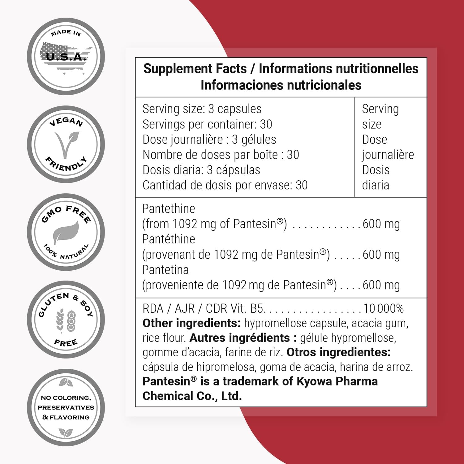 Supersmart Pantesin Pantethine 600 mg - Ácido Pantoténico Activo - 90 Cápsulas Vegetales