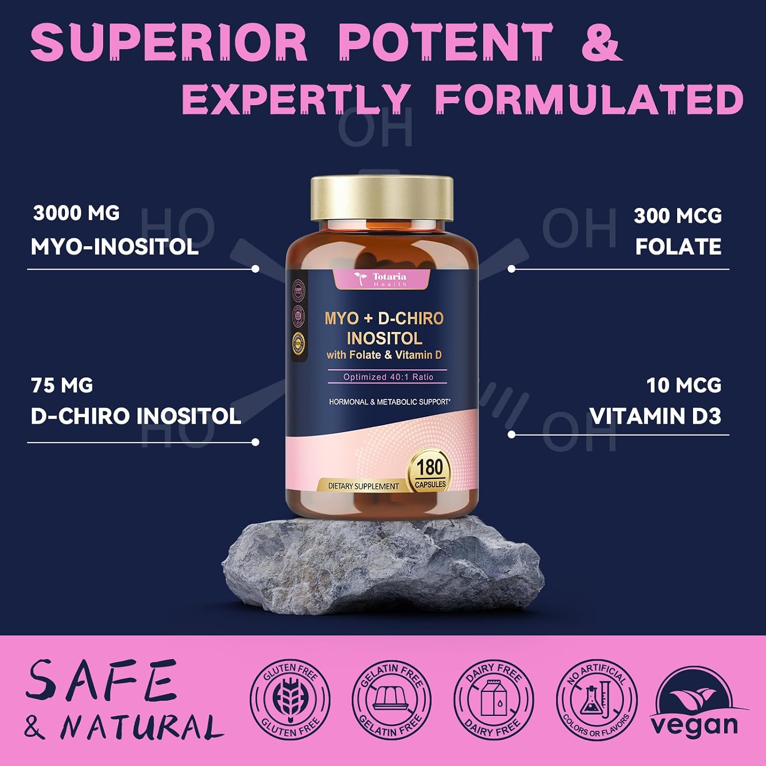 Totaria Inositol 40:1 con Vitamina D3 y Folato - 180 Cápsulas (60 Dosis)