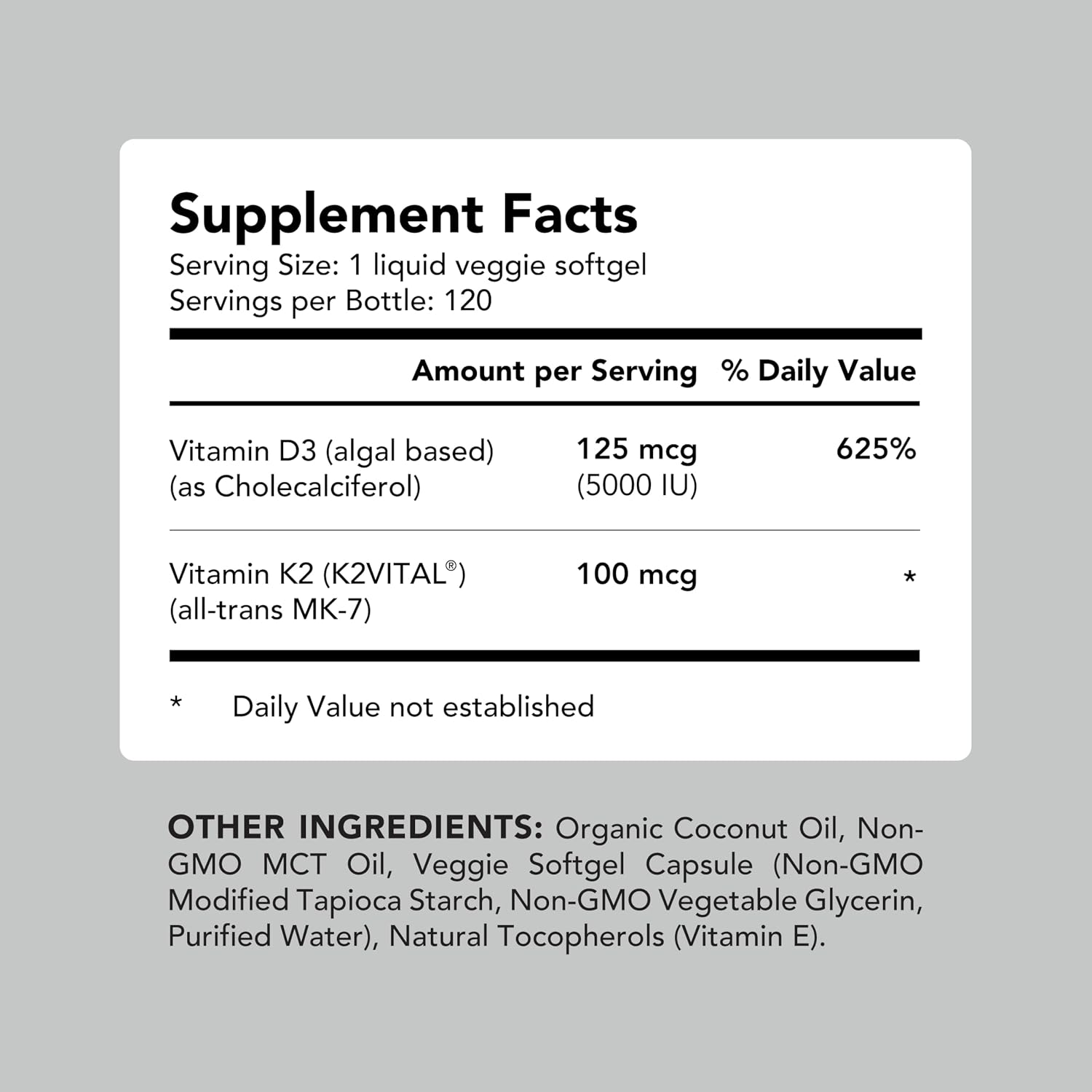 AMANDEAN Vitamina D3 K2 Vegana 5000 UI con K2 MK-7, 120 Cápsulas Blandas