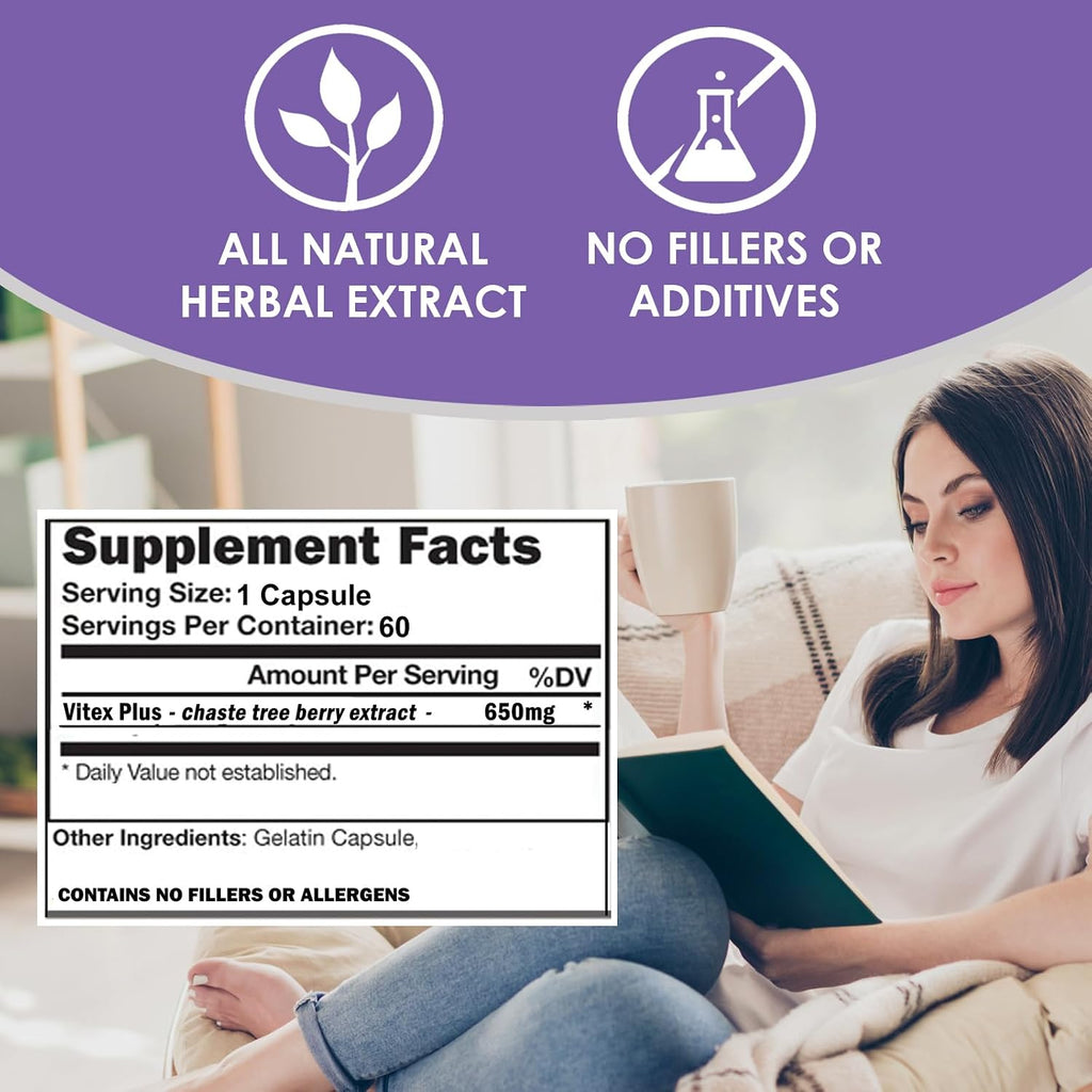VITEX+ | Complemento de Vitex (Sauzgatillo) para Mujeres | 650mg por Dosis | 60 Cápsulas