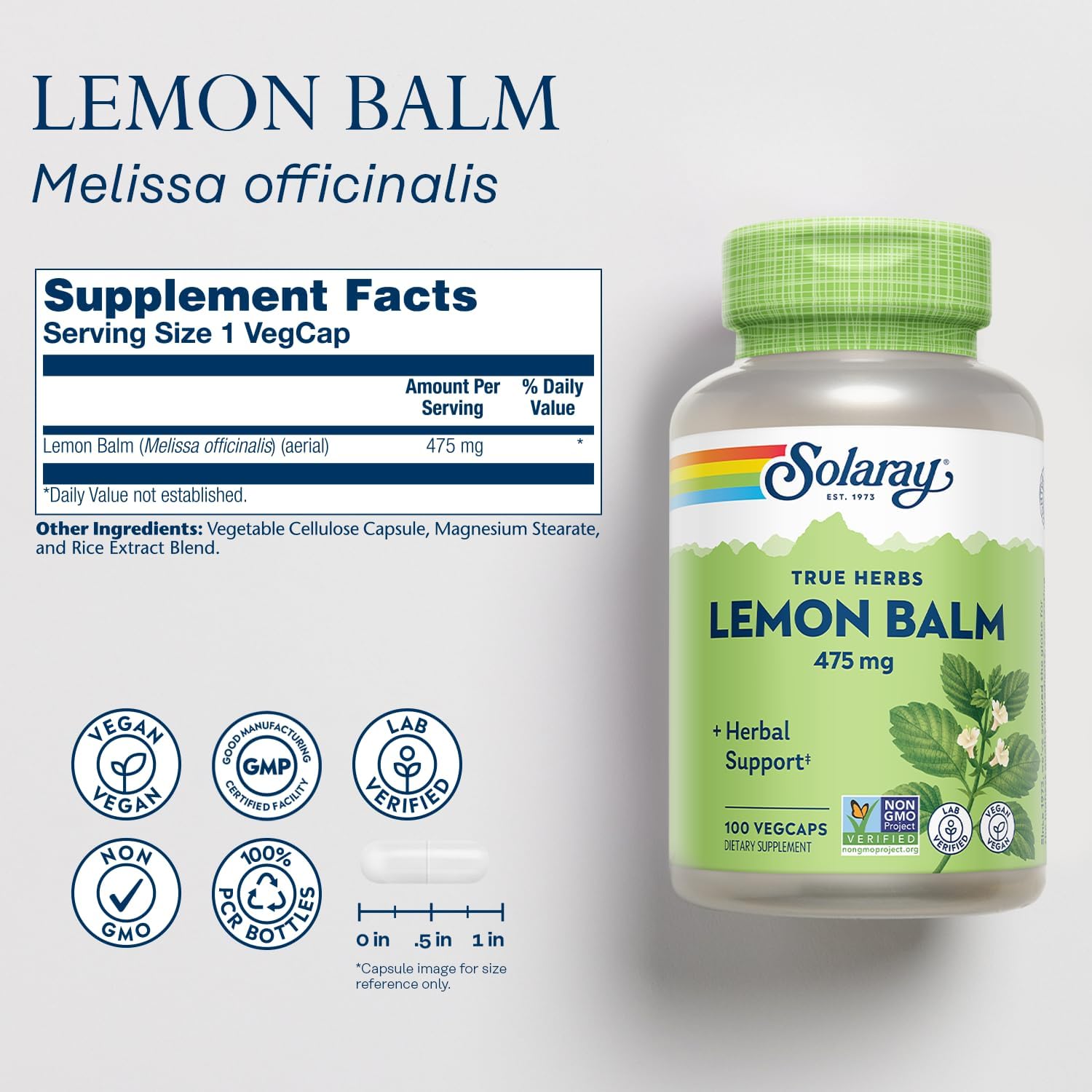 Solaray Melisa 475 mg - Cápsulas de Melisa, Suplemento Herbal Natural, No Transgénico, Verificado en Laboratorio - 100 Cápsulas Veganas