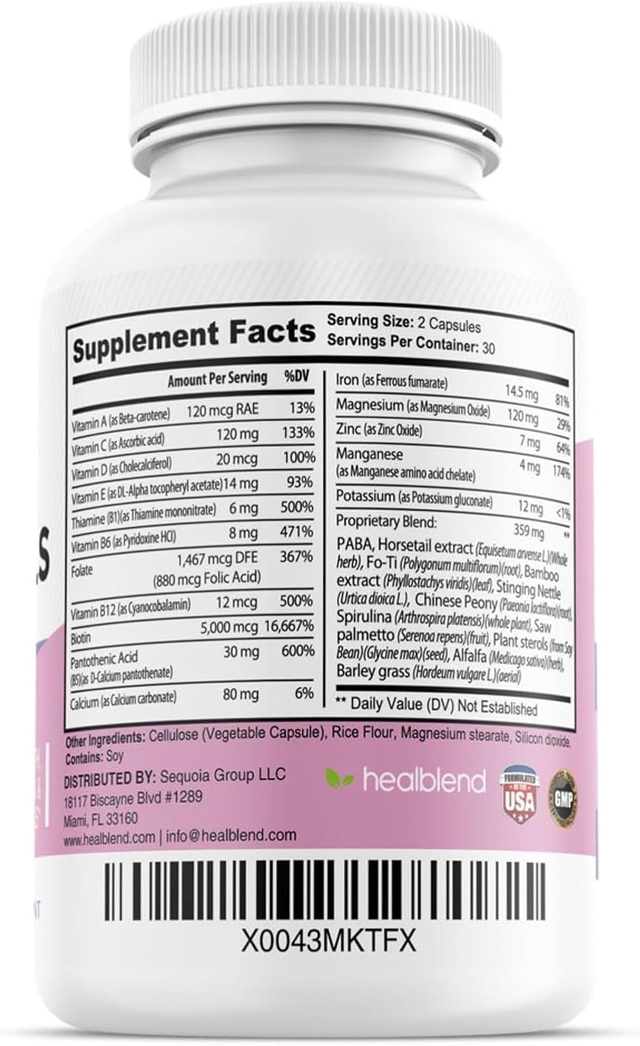 healblend Vitaminas para Cabello, Piel y Uñas para Mujeres con Biotina 5000 mcg, Hierro y Manganeso | Vegano, No-OGM | 60 Cápsulas
