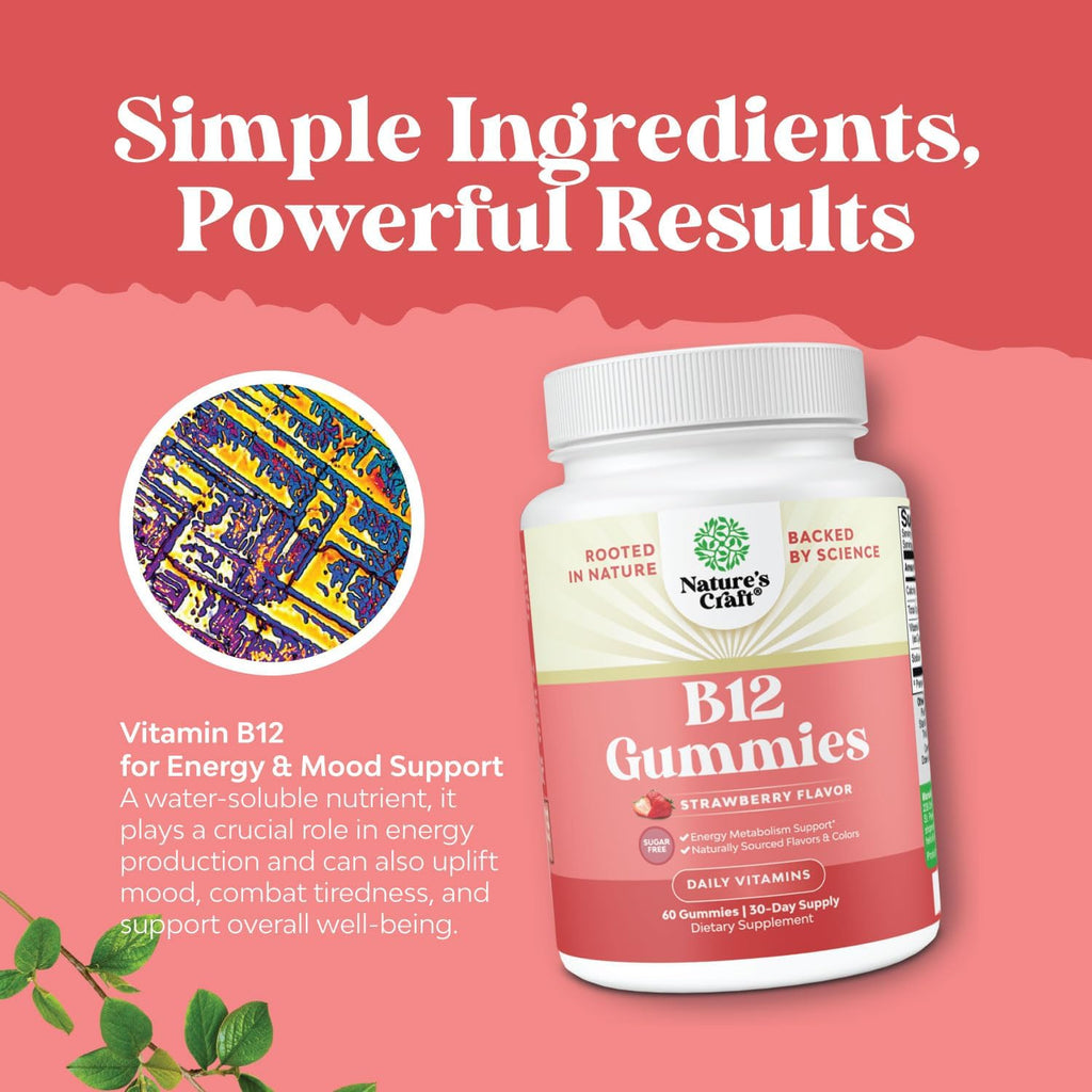 Gominolas de Vitamina B12 para Adultos - Sin Azúcar, 1000 mcg por Ración - Suplemento para Energía, Estado de Ánimo, Sistema Inmune y Nervioso - Kosher, No GMO, Sin Gluten - 60 Gominolas