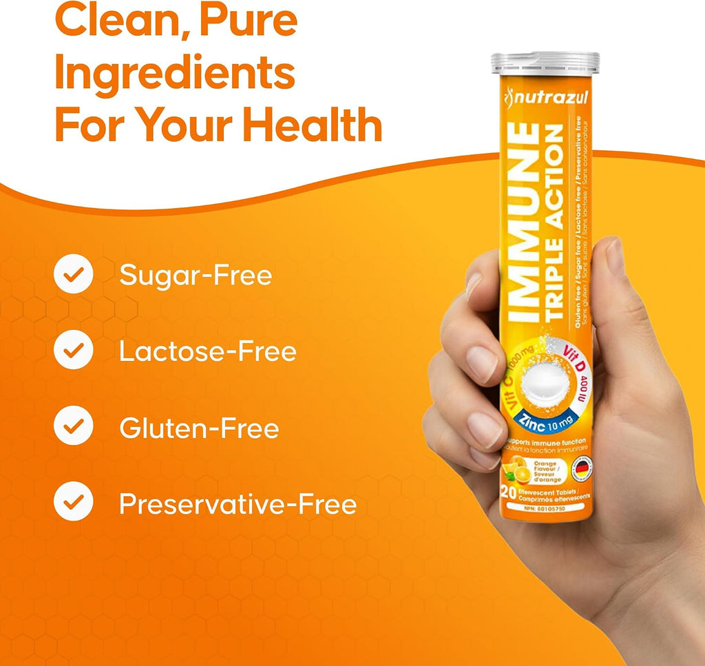 nutrazul Immune Triple Action Comprimidos Efervescentes con Vitamina C 1000mg, Vitamina D, Zinc, Sin Gluten, Sin Azúcar, Sin Lactosa, Sabor Naranja, 20 Comprimidos (Pack de 3)
