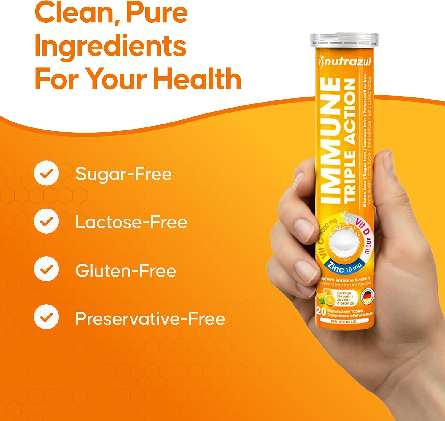 Nutrazul Immune Triple Action - Comprimidos Efervescentes con Vitamina C 1000mg, Vitamina D y Zinc - Pack de 5 x 20 Unidades - Sin Gluten, Sin Azúcar, Sabor Naranja