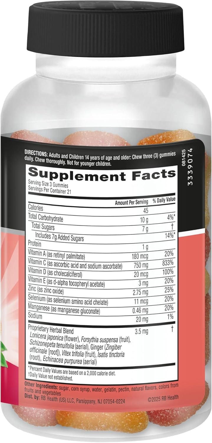 Airborne Gomitas de Apoyo Inmune, Sabor a Frutas Variadas, 63 unidades - 750 mg de Vitamina C con Vitaminas A, D, E, Zinc, Selenio y Manganeso