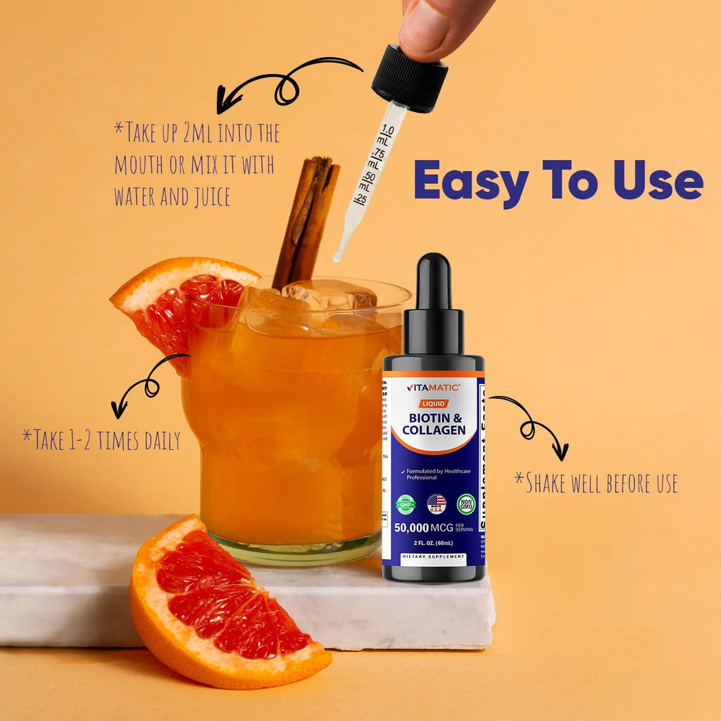 Vitamatic Biotina Líquida con Colágeno – 50.000 mcg – 59 ml – Apoyo para Cabello, Piel y Uñas