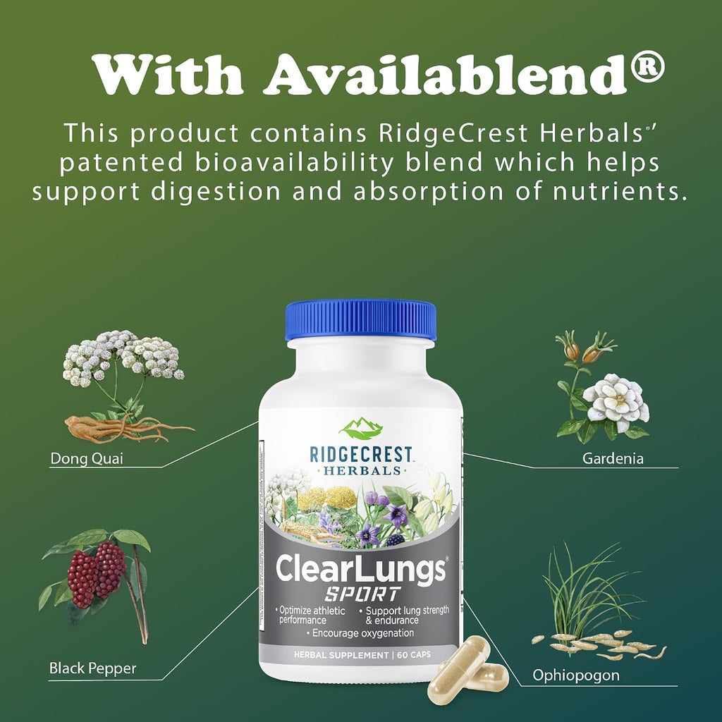 RidgeCrest Herbals ClearLungs Sport - Fórmula de Apoyo Respiratorio con Cordyceps, Rhodiola y Eleuthero | 60 Cápsulas Veganas