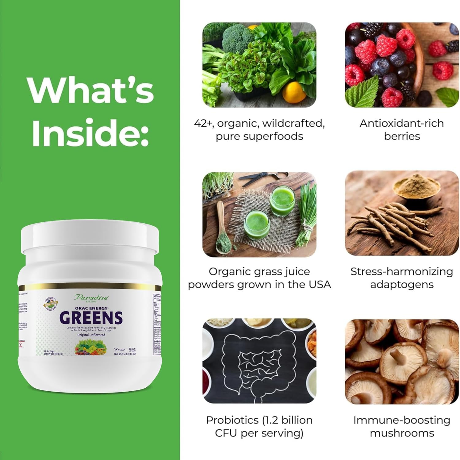 Paradise ORAC Energy Greens - Extracto de Superalimentos Verdes, 60 Servicios