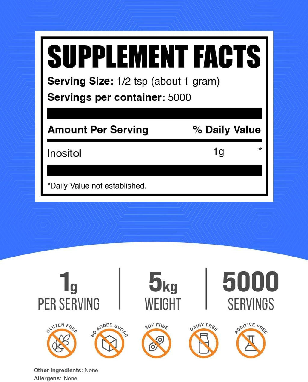 BulkSupplements Inositol en Polvo - Suplemento de Inositol (Vitamina B8) - Sin Sabor y Sin Gluten - 1g por Ración - 1 kg (Paquete de 5)