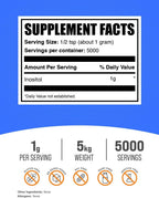 BulkSupplements Inositol en Polvo - Suplemento de Inositol (Vitamina B8) - Sin Sabor y Sin Gluten - 1g por Ración - 1 kg (Paquete de 5)