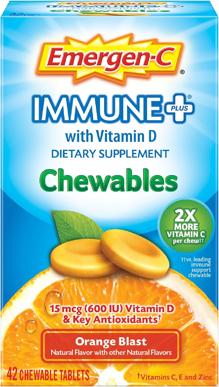Emergen-C Immune+ Vitamina C y D Masticables Sabor Naranja, 42 uds